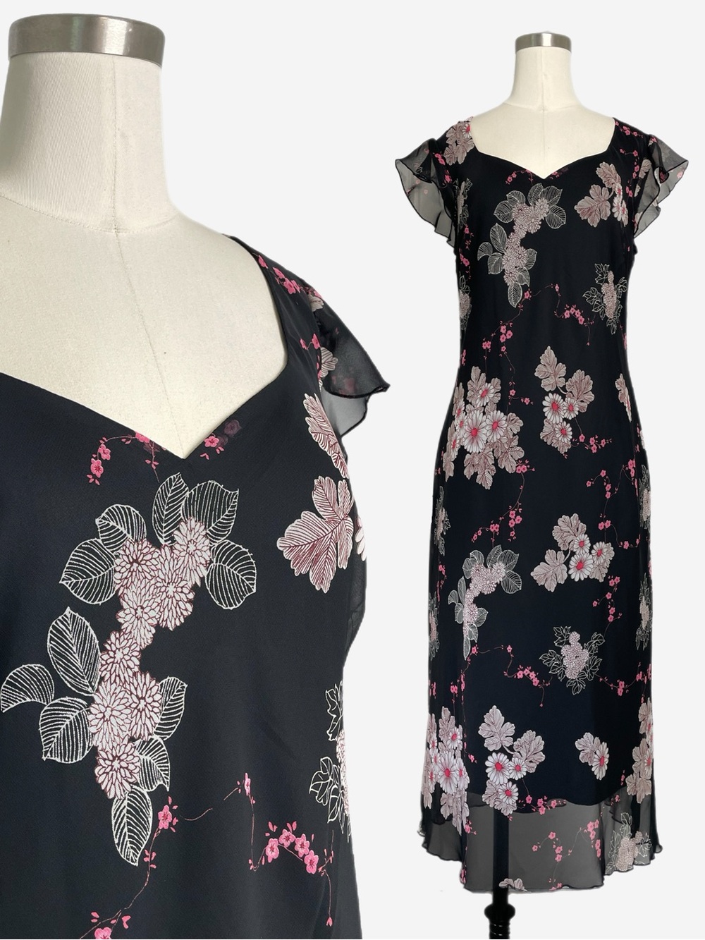 Vintage Y2K Believe Black sweetheart flutter sleeve pink floral midi dress M/L